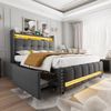 Polsterbett 140x200 mit LED-Beleuchtung, USB-Anschluss & Stauraum, graues Leinenbett mit Schublade Bild 5