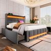 Polsterbett 140x200 mit LED-Beleuchtung, USB-Anschluss & Stauraum, graues Leinenbett mit Schublade Bild 2
