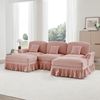 Klassisches modulares U-förmiges Sofa, Chenille, Trichter-Armlehnen, abnehmbare Rüschenschürze, spindelförmige Beine, beweglicher Hocker, weiches, tiefes Cloud-Sofa fürs Wohnzimmer, rosa Bild 2