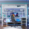 Hochbett, 90*200 und 140*200, Eisenrahmen, Schubladen, Ablagen für Gegenstände, Gitter zum Aufhängen von Gegenständen, Schreibtisch, Mit 7-farbiger LED-Leiste, USB-Anschluss, ohne Matratze, Weiß Bild 2
