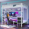 Hochbett, 90*200 und 140*200, Eisenrahmen, Schubladen, Ablagen für Gegenstände, Gitter zum Aufhängen von Gegenständen, Schreibtisch, Mit 7-farbiger LED-Leiste, USB-Anschluss, ohne Matratze, Weiß Bild 1