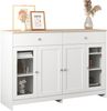 Sideboard mit weißer Holzmaserung, vier Türen, mit zwei Schubladen, Tür mit Glas. Wohnzimmer, Esszimmer. Holzfarbe und Weiß Bild 4