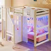 Hochbett mit LED-Beleuchtung, Lattenrost, Rausfallschutz, Treppe und Gardine, 90x200 cm, Kinderbett, Einzelbett, Kiefer Bild 3