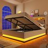 Polsterbett mit LED-Streifen, Stauraum, Schrank, USB und Type-C, 140x200 cm, gepolsterter Kopfteil mit Schrank, Einzelbett, Stauraumbett, Leinen Bild 2