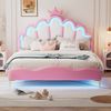 Prinzessinnenbett 140x200 cm mit LED-Beleuchtung und Kronen-Design – Kinderbett in Rosa, Polsterbett mit Kunstleder,Kopfteil in Wolkenform Bild 4