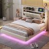 Polsterbett mit LED-Lichtleiste, USB-Anschluss & Stauraum, 140x200 cm, Leinenstoff, Beige, ohne Matratze Bild 3