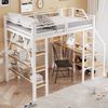 Hochbett 140*200cm, dreilagiges Ablageregal, Schreibtisch, Kleiderschrank, Sicherheitsstufen mit Ablagefach, hohes Zaundesign, Eisenbett, Einzelbett, Weiß Bild 3