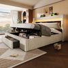 Polsterbett Leinen mit Stauraum, LED & USB-Anschluss, 140x200 cm, Beige, mit Matratze Bild 2