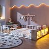 Kinderbett mit LED-Streifen, Regal, Zaun, Lattenrost und Tür, 140x200 cm, Einzelbett mit Rausfallschutz, Metallbett Bild 3