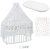 Waldin Oval Baby-Bett Mitwachsend Komplett Set 7in1, Gitterbett, Kinderbett mit Matratze, Wickelkommode, Beistellbett, Holz Weiß, Stoffe Weiß Zweige Bild 3
