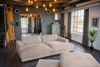 KAWOLA Big Sofa MADELINE Cord taupe mit Hocker / 4 Zierkissen / Armlehntablett schwarz 85 x 170 x 290 cm Bild 4