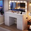 Furnicopia Schminktisch mit 7 Schubladen mit 2 Steckdosen 1 USB-Anschluss 1 Tycp-Anschluss (Größe 120*40*140cm Großer Spiegel 106cm Eingebautes Schmuckkabinett LED-Lichter Einstellbare Farbtemperatur und Helligkeit-ostern geschenke) Bild 2