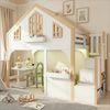 Merax Etagenbett, 90x200cm Hochbett, Kinderbett, Holzbett, Hausbett mit LED und Stauraumtreppe, Fenster-Form, weiß+Naturfarbe Bild 2