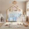 Merax Etagenbett, 90x200cm Hochbett, Kinderbett, Holzbett, Hausbett mit LED und Stauraumtreppe, Fenster-Form, weiß+Naturfarbe Bild 3
