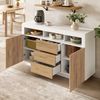 Flieks Kommode Aufbewahrungsschrank mit 3 Schubladen und 2 Türen (Schrank für Wohnzimmer, Flur, Esszimmer, Schlafzimmer, 1 St, B140/T40/H85 cm), Sideboard Mehrzweckschrank mit verstellbaren Einlegeböden Natur&Weiß Bild 2
