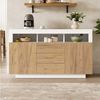 Flieks Kommode Aufbewahrungsschrank mit 3 Schubladen und 2 Türen (Schrank für Wohnzimmer, Flur, Esszimmer, Schlafzimmer, 1 St, B140/T40/H85 cm), Sideboard Mehrzweckschrank mit verstellbaren Einlegeböden Natur&Weiß Bild 3