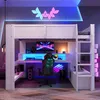 Hochbett mit LED-Beleuchtung und Schreibtisch, 140x200 cm, Kinderbett mit Rausfallschutz, Regal, Schubladen und Trittleiter, Jugendbett, Kiefer Bild 2