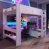 Hochbett mit LED-Beleuchtung und Schreibtisch, 140x200 cm, Kinderbett mit Rausfallschutz, Regal, Schubladen und Trittleiter, Jugendbett, Kiefer Bild 4