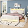 Merax Polsterbett, 140 x 200 cm, Ohne Matratze, APP-Fernbedienung LED-Licht, Bett mit Schubladen mit Steckdosen und USB, Eingebautes Staufach, Leinen, Beige Bild 3