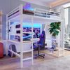 Merax Hochbett, 140 x 200cm, Jugendbett Kinderbett mit Schreibtisch, Geländer, Trittleiter, mehrere Ablagen, mit usb+type-c Steckdose, mit LED Leiste, mit Lochbrett, ohne Matratze, Weiß Bild 2