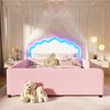 Merax Polsterbett, 140x190 cm, Kinderbett, Mit LED-Lichtleiste, Prinzessinnenbett in Kronenform, Sicherheitsgitter, PU, Rosa Bild 3