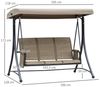 Outsunny Hollywoodschaukel mit Seitentasche, mit verstellbarem Sonnendach, 3-Sitzer, mit verstellbarem Sonnendach, 3-Sitzer Gartenschaukel, 1 tlg, Schaukelbank, belast bis 300kg, für Garten, Terrasse, 196 x 128 x 172 cm, Braun Bild 2