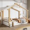 Merax Holzbetten, 90x200cm Kinderbett, Einzelbett, Exquisites Holzhausdesign, Stabile Lattenroste, Weiß+Natur Bild 3