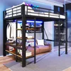 Hochbett mit Regal, LED-Beleuchtung, Kleiderstange, Wandgitter, Leiter, Rausfallschutz, 140x200cm, Kinderbett, Metallbett Bild 3