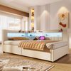 Merax Einzelbett, Polsterbett, Daybett, 90 x 200 cm, Hydraulische Lagerungt, Sofabett Mit USB Typ-C Ladefunktion, LED-Beleuchtung, Leinen, Beige Bild 3