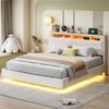 Merax Polsterbett 160x200 cm, Hydraulisches Schwebender Bettrahmen mit Stauraum, Multifunktionales Polsterbett mit USB-Steckdose und LED-Licht, Wendekopfteil, Leinen Beige Bild 2