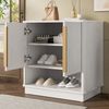 Schuhschrank weiß Holzoptik, 60x40x61 cm, mit 2 Türen & offenem Fach, goldene Griffe Bild 4