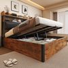 Bettrahmen 180 x 200 mit hydraulischer Hebevorrichtung, USB, gepolstertem Kopfteil, Vintage-Design aus Holz und Metall, verstecktem Stauraum Doppelbett Moderne Schlafzimmermöbel Schwarz Bild 2