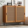 Sideboard B 100 x T 37 x H 90 cm in Walnuss, mit 2 Schiebetüren in Rattanoptik Bild 2