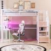 Hochbett 90×200 cm mit Stauraumtreppe, Schreibtisch und LED-Lichtleiste, Weiß, ohne Matratze Bild 2