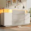 Merax LED Sideboard, Kommode 150 x 40 x 78 cm mit 6 Schubladen & 2 Türen, Schwebendes Design Anrichte, Wohnzimmerschrank Flurschrank mit Riffelfronten, Weiß Bild 2