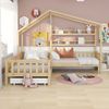 Hausbett L-Form 243×208×183 cm – Massivholz Kinderbett mit Schubladen & Regalen, zwei Liegeflächen 200×90 cm + 140×70 cm, Natur Bild 3