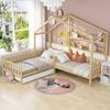 Hausbett L-Form 243×208×183 cm – Massivholz Kinderbett mit Schubladen & Regalen, zwei Liegeflächen 200×90 cm + 140×70 cm, Natur Bild 4