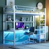 Hochbett mit Schreibtisch, LED-Beleuchtung, USB Anschlüssen, Rausfallschutz, Steckdosen und Regal, 90x200 cm, Metallbett, Jugendbett Bild 4