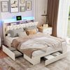 FUROKOY Stauraumbett Polsterbett Doppelbett mit 3 Schubladen und LED-Beleuchtung (Klappbares Gepolstertes Kopfteil mit USB-Ladeanschluss), für Erwachsene und Jugendliche, 140x200 cm, Samt, Beige Bild 3