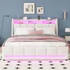 Stauraumbett mit LED-Beleuchtung, Stauraum, Lattenrost, 2 Schubladen und USB-Anschlüssen, 140x200 cm, Doppelbett, Leinen Bild 2