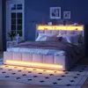 Stauraumbett mit LED-Beleuchtung, Stauraum, Lattenrost, 2 Schubladen und USB-Anschlüssen, 140x200 cm, Doppelbett, Leinen Bild 3