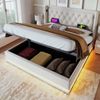 Polsterbett 140×200 cm aus Baumwoll-Stoff mit LED-Beleuchtung, USB-C-Anschluss und Matratze, beige Bild 2