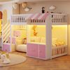 Merax Hochbett 90×200 cm, Einzelbett, Kinderbett, mit Stauraumschrank, Stauraumtreppe, mehrfarbiger LED-Lichtleiste, Traufendesign, Rosa Bild 3