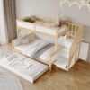 Merax 90x200&120*200cm Etagenbett, Kinderbett, mit Fallschutz und Gitter, Entworfen mit drei Bettpositionen, mit Rollbett, mit Kleiderschrank, Ecktreppe, Kiefer+MDF, Weiß+Natur Bild 3