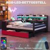 Holzbett Schlafsofa 140 x 200 cm, Mit Schreibtisch, Bücherregal, Staufächern und Regalen, Mit integrierter Beleuchtung und Steckdosen, Schubladen, Multifunktionalem Holzbett, Schwarz + Rot Bild 5