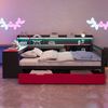 Holzbett Schlafsofa 140 x 200 cm, Mit Schreibtisch, Bücherregal, Staufächern und Regalen, Mit integrierter Beleuchtung und Steckdosen, Schubladen, Multifunktionalem Holzbett, Schwarz + Rot Bild 3