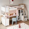 Holz-Hochbett 90 × 200 cm, Einzelkleiderschrank, Großer Schreibtisch, Aufbewahrungsschrank; Bettablagefach, Treppe mit Stauraum, Ausgestattet mit europäischen Steckdosen und LED-Lichtleisten,Holzfarbe Bild 3