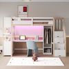 Holz-Hochbett 90 × 200 cm, Einzelkleiderschrank, Großer Schreibtisch, Aufbewahrungsschrank; Bettablagefach, Treppe mit Stauraum, Ausgestattet mit europäischen Steckdosen und LED-Lichtleisten,Holzfarbe Bild 4