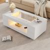 LED-Couchtisch 100x50x35 cm, Weiß, Hohles Design, Hochglanzplatte, 2 Ablagen, Spanplatte + gehärtetes Glas, LED steuerbar per App Bild 2