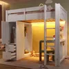 Hochbett mit LED-Streifen, Kleiderstange, Schreibtisch, Lattenrost, Leiter, Schubladen, Schrank, Regal, Rausfallschutz und USB, 90x200 cm, Kinderbett, Kiefer Bild 2